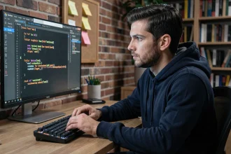 Développeur Python concentré devant un moniteur affichant une boucle for-else en Python avec mise en évidence syntaxique
