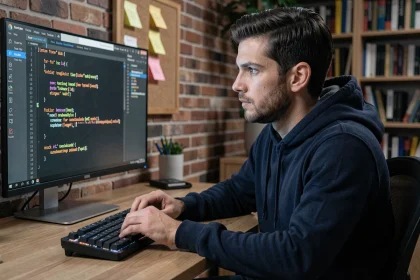 Développeur Python concentré devant un moniteur affichant une boucle for-else en Python avec mise en évidence syntaxique