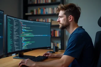 Développeur Python testant son module avec pytest dans un bureau moderne, écran affichant des résultats de tests unitaires réussis