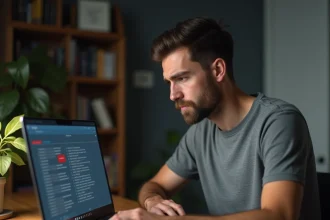 Homme diagnostiquant une erreur DNS rouge sur son ordinateur portable dans un bureau à domicile