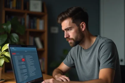 Homme diagnostiquant une erreur DNS rouge sur son ordinateur portable dans un bureau à domicile