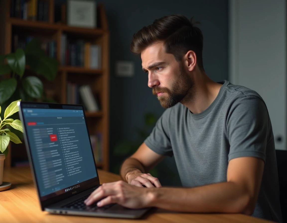 Homme diagnostiquant une erreur DNS rouge sur son ordinateur portable dans un bureau à domicile
