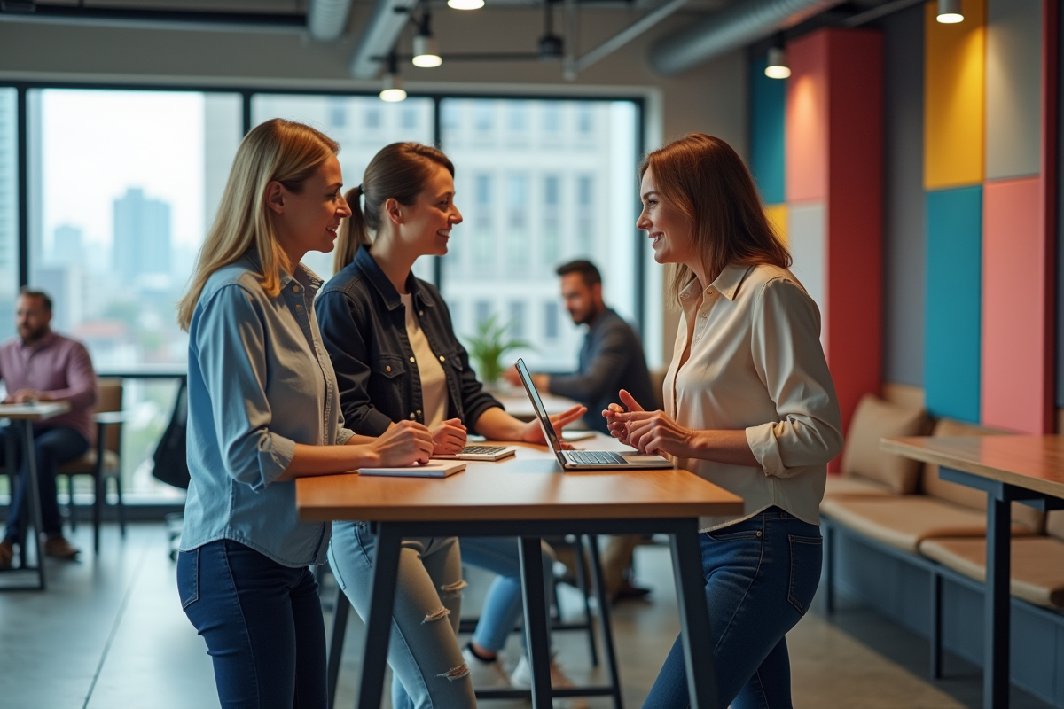 Trois collègues discutant dans un espace de coworking urbain