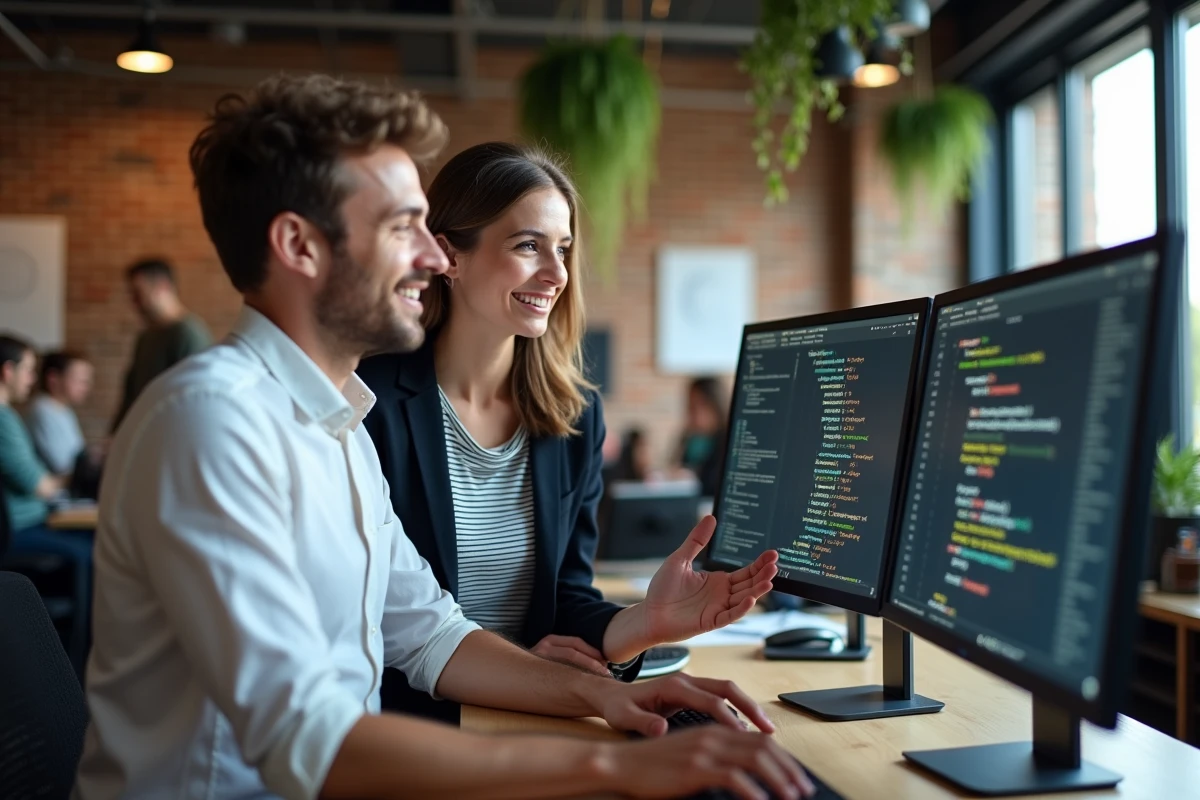 Deux développeurs documentant un module Python avec un fichier README et setup.py dans un open space moderne, collaboration sur la publication PyPI