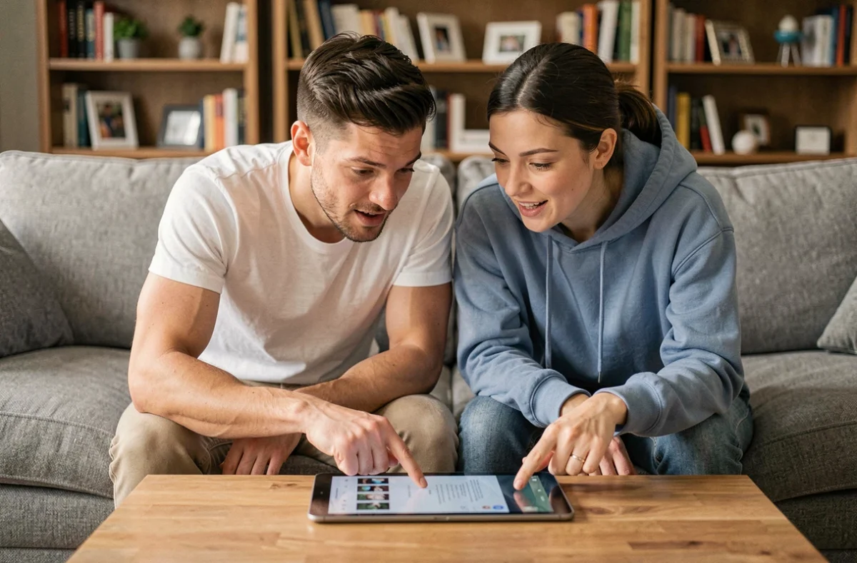 Deux personnes évaluant ensemble une tablette Android premium dans un salon cosy en 2026