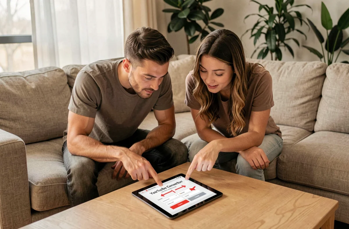 Deux personnes découvrant ensemble un tutoriel de convertisseur YouTube sur une tablette dans un salon