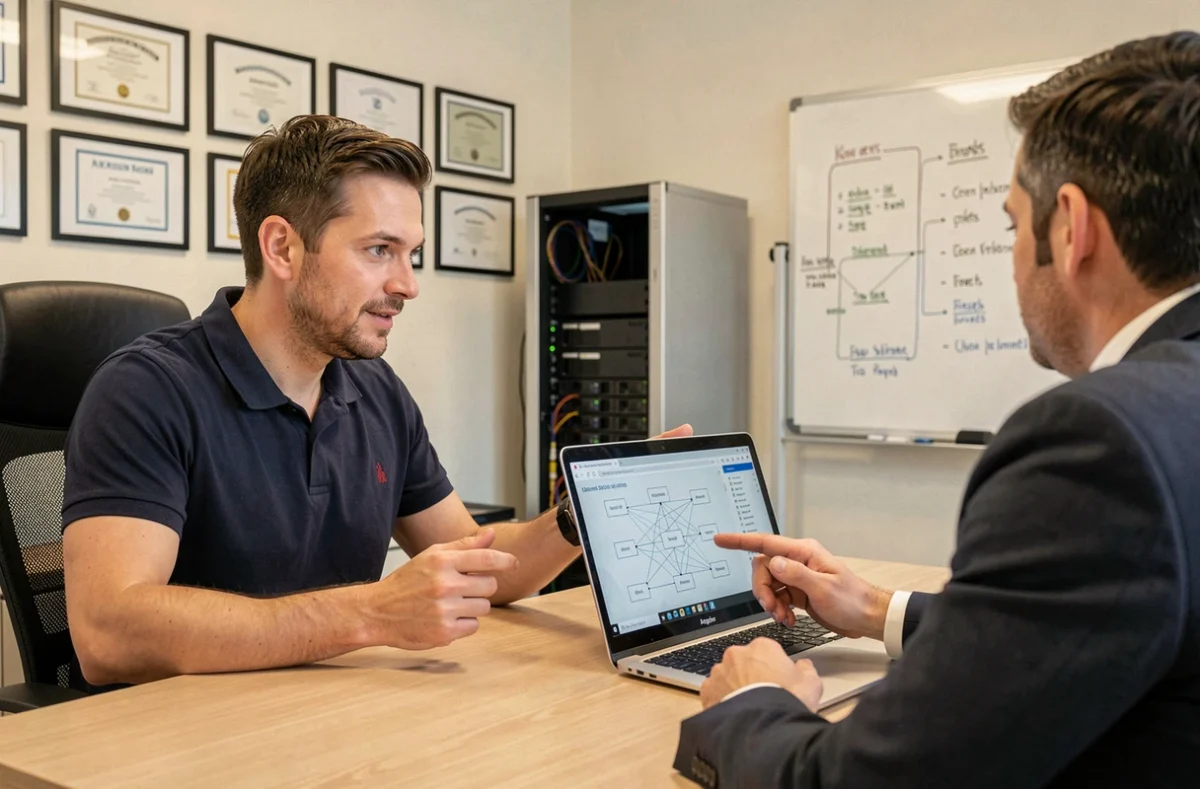 Consultant informatique Dynamips conseillant un client professionnel dans un bureau à Angers