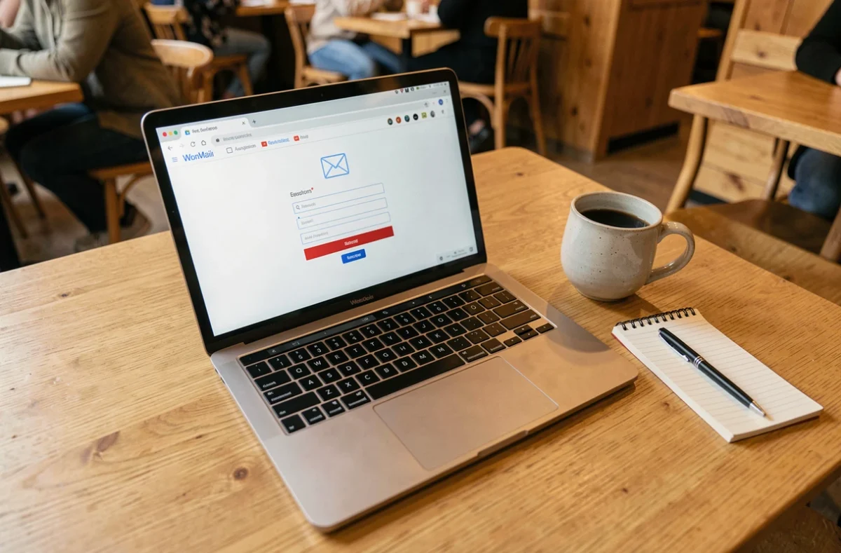 Écran d'ordinateur portable affichant une erreur de mot de passe sur une interface de messagerie dans un café
