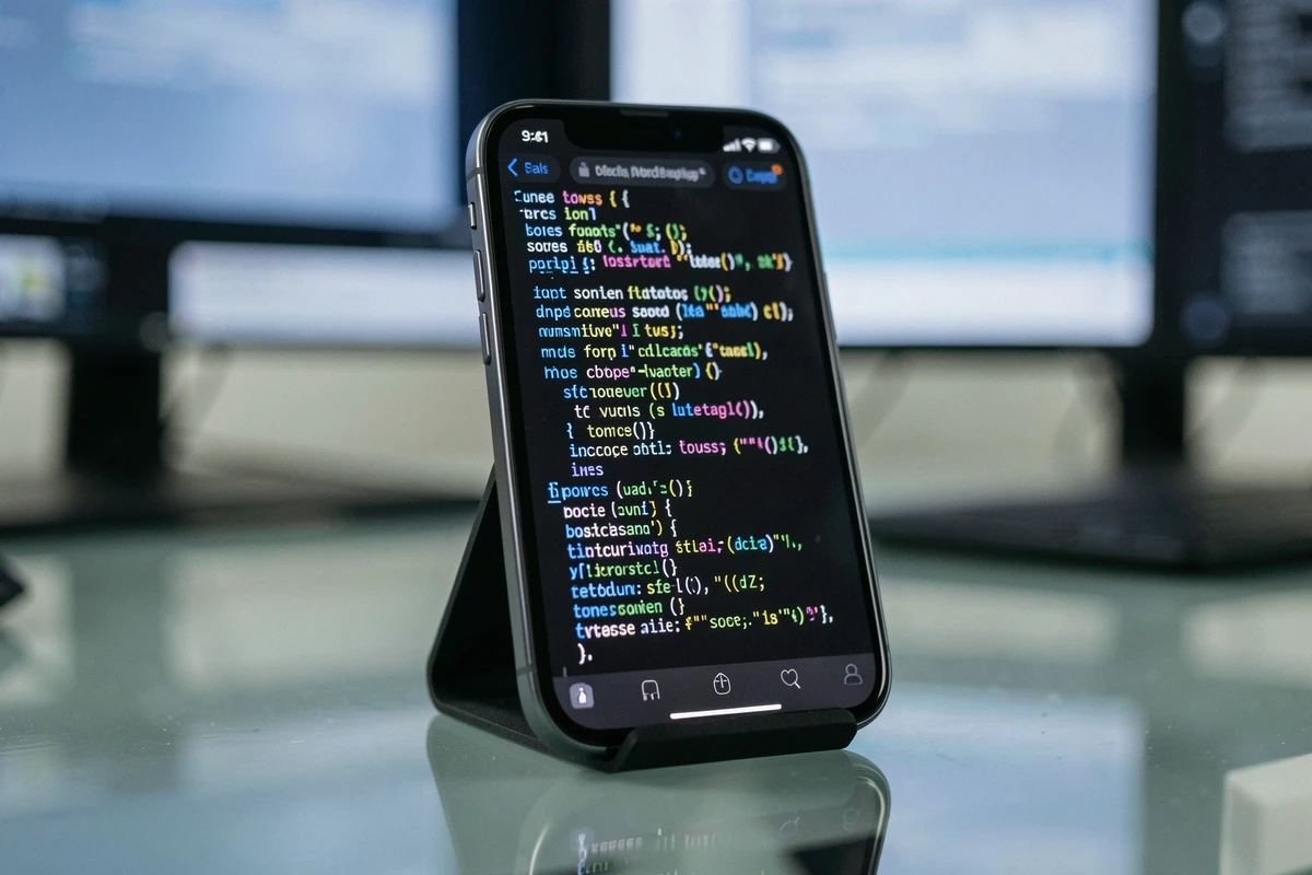 Écran d'iPhone affichant des annotations de code iOS révélant les indices de design du futur iPhone SE