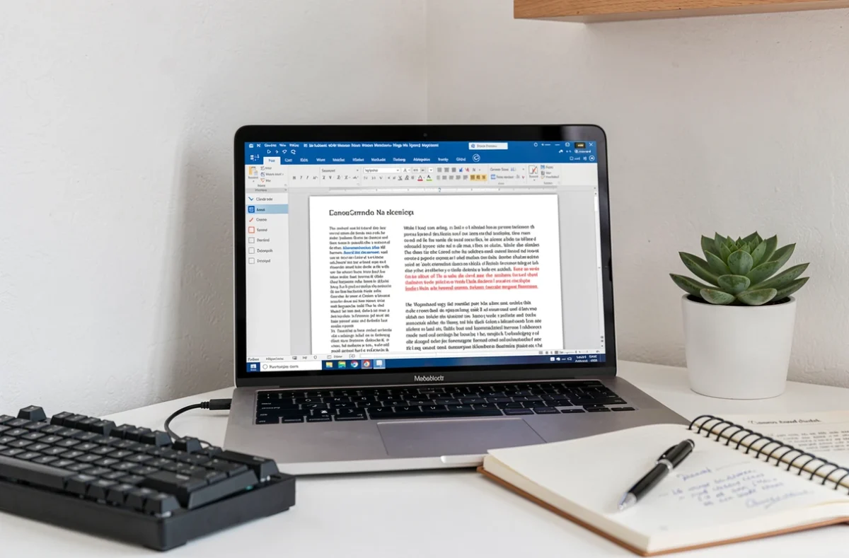 Écran de MacBook affichant un traitement de texte gratuit sur un bureau minimaliste pour étudiants