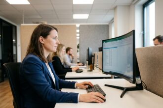 Professionnelle en entreprise travaillant sur un écran PC reconditionné dans un bureau moderne