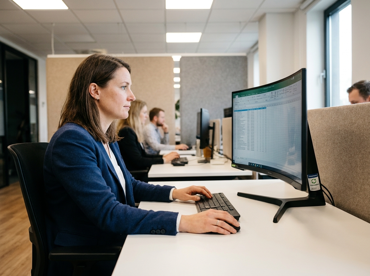Professionnelle en entreprise travaillant sur un écran PC reconditionné dans un bureau moderne