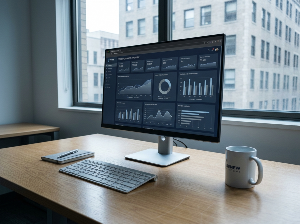 Écran PC reconditionné posé sur un bureau d'entreprise minimaliste avec interface professionnelle affichée