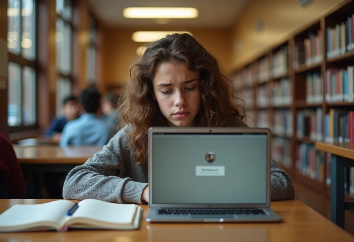 Etudiante frustrée devant un Chromebook en bibliothèque