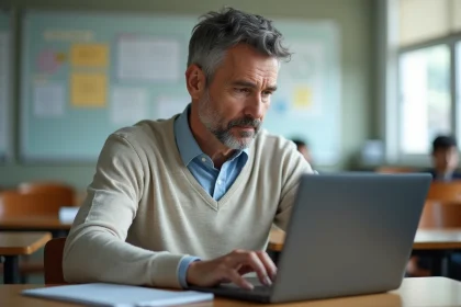 Professeur homme en classe moderne avec ordinateur