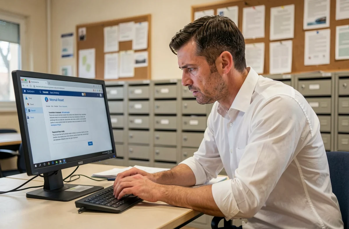 Enseignant dans une salle des professeurs consultant la page de réinitialisation de mot de passe du webmail académique