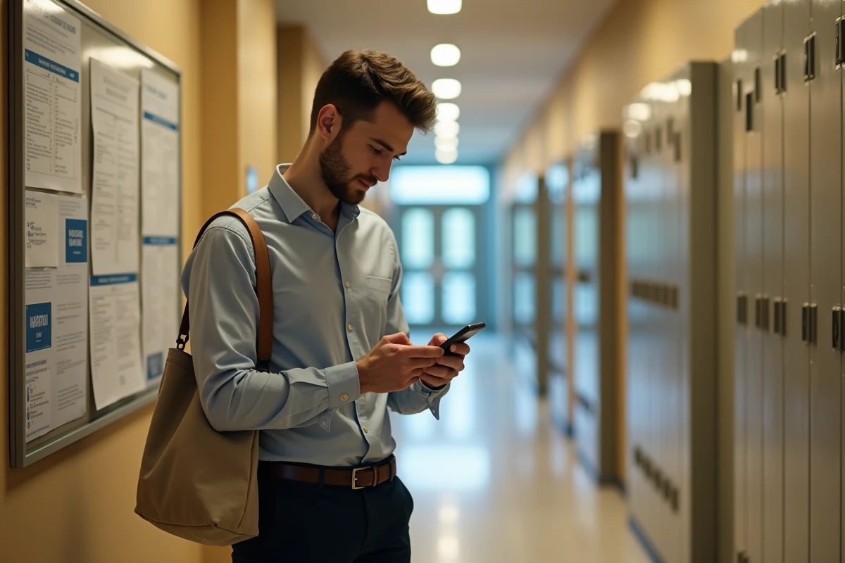 Enseignant remplaçant consultant ses messages académiques sur smartphone dans un couloir d'école en France