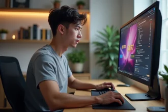 Jeune homme concentré s'entraînant au clic rapide sur navigateur avec un test Click Kohi affiché à l'écran