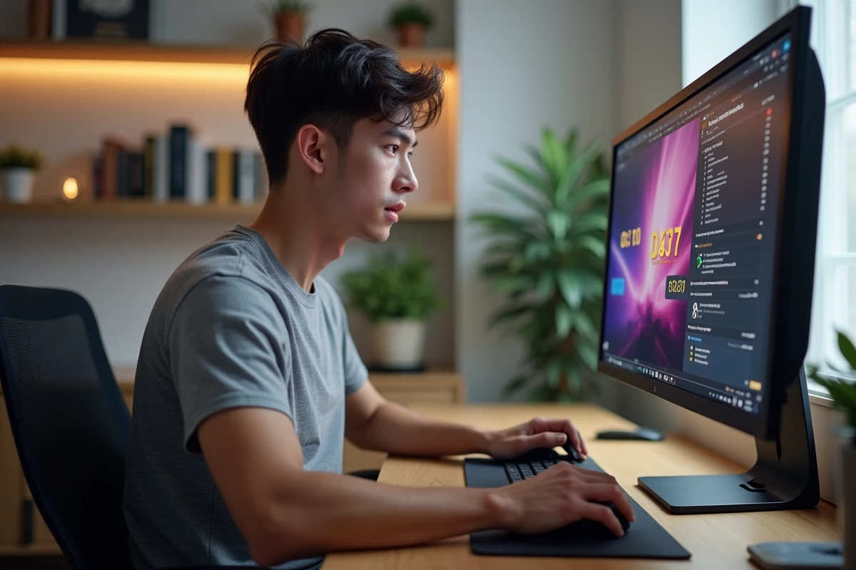 Jeune homme concentré s'entraînant au clic rapide sur navigateur avec un test Click Kohi affiché à l'écran