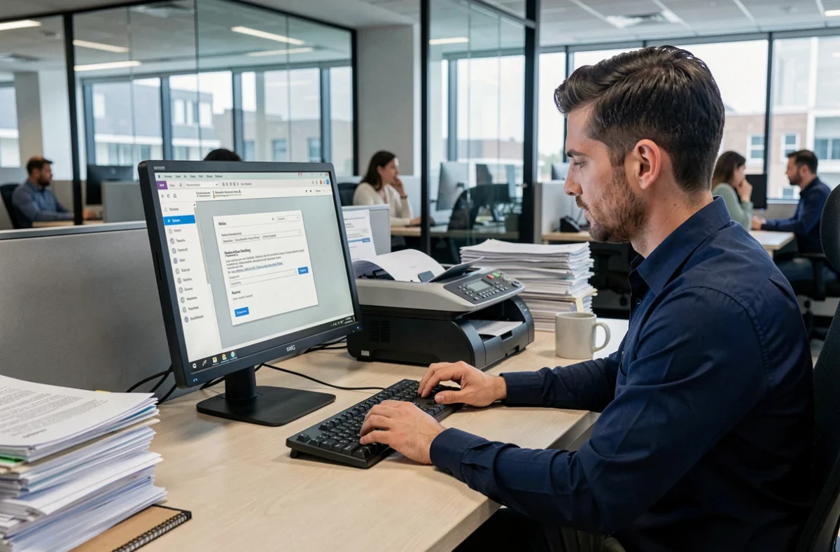 Homme envoyant par mail un document scanné à plusieurs destinataires depuis un bureau en entreprise avec un scanner à plat sur le bureau