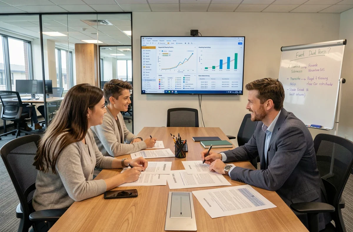 Équipe d'une agence digitale en réunion autour des rapports de performance SEO et de veille stratégique sur Expertiseo