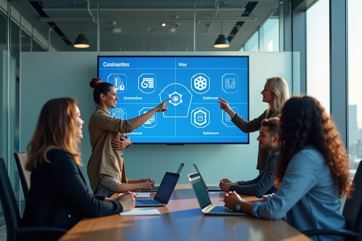 Equipe diverse discutant devant un écran avec diagrammes Kubernetes