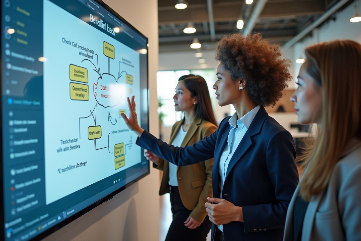 Trois femmes en coworking discutant stratégie backlink