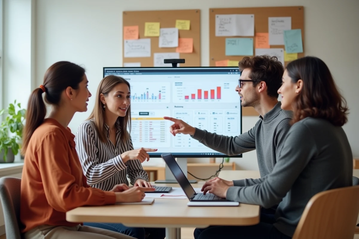Équipe marketing collaborative analysant des idées de contenu issues d'un blog professionnel sur un tableau de bord numérique en agence