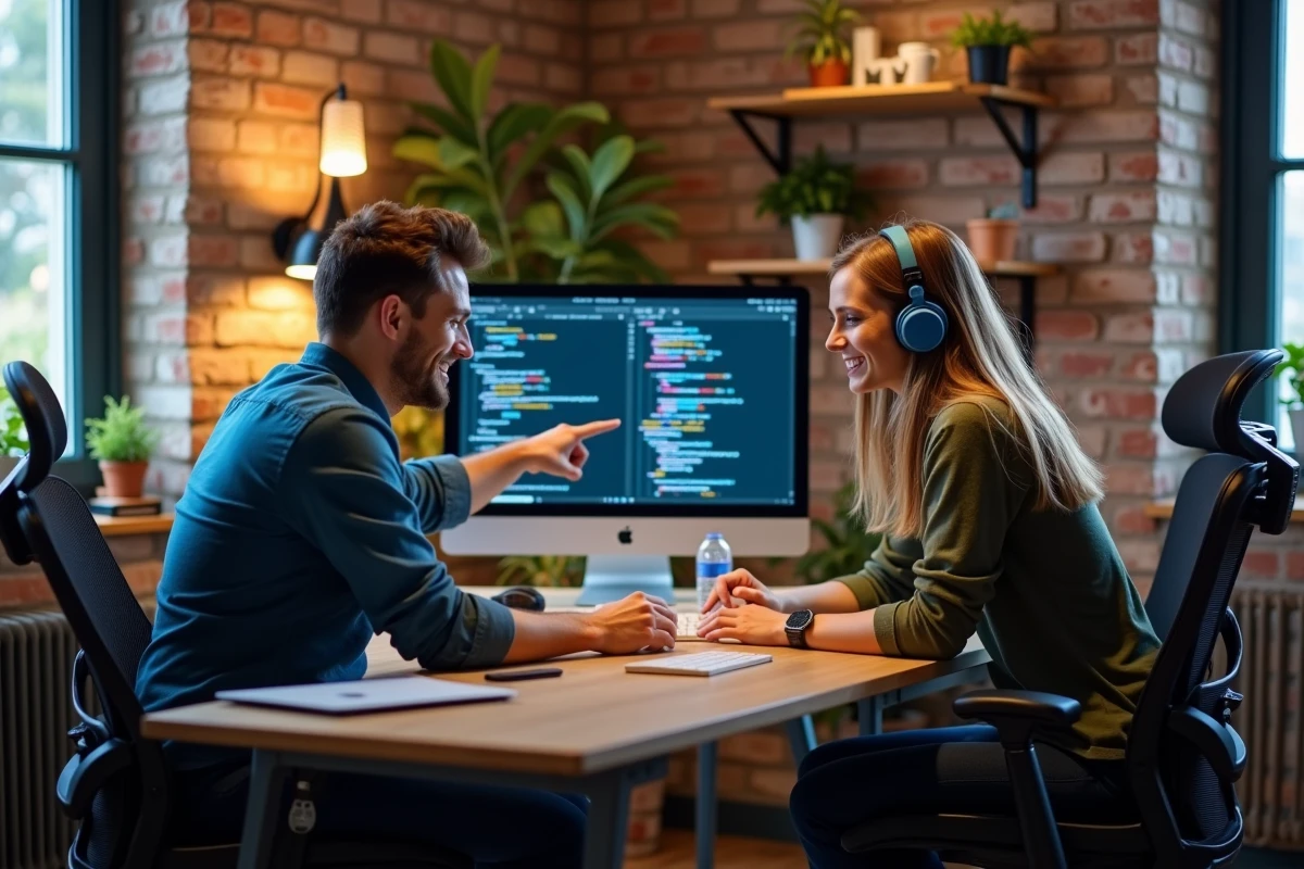 Deux développeurs en session de revue de code comparant du code Silverlight et Blazor sur un écran dans un bureau de startup