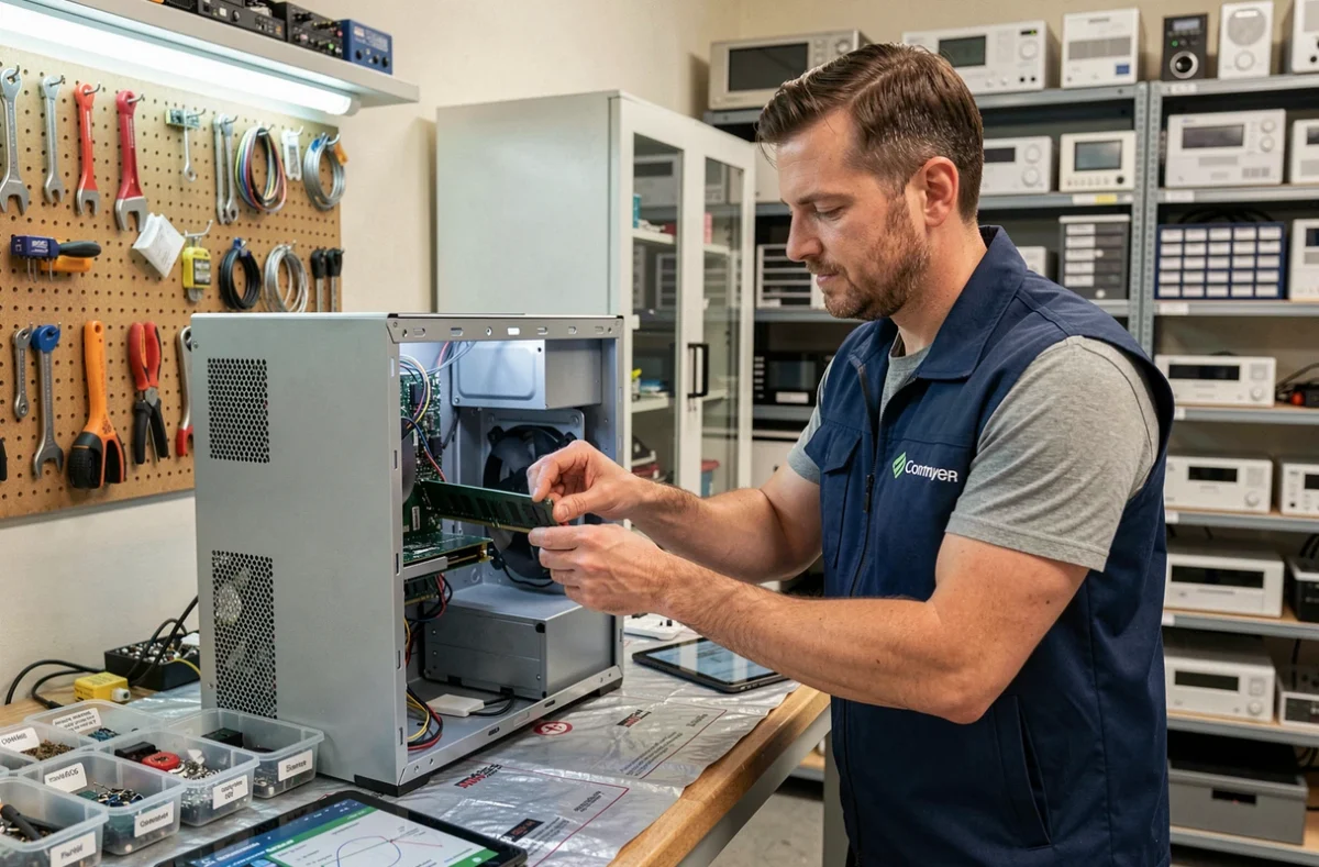 Technicien ERC Informatique effectuant la maintenance d'un ordinateur de bureau sur un établi de réparation professionnel