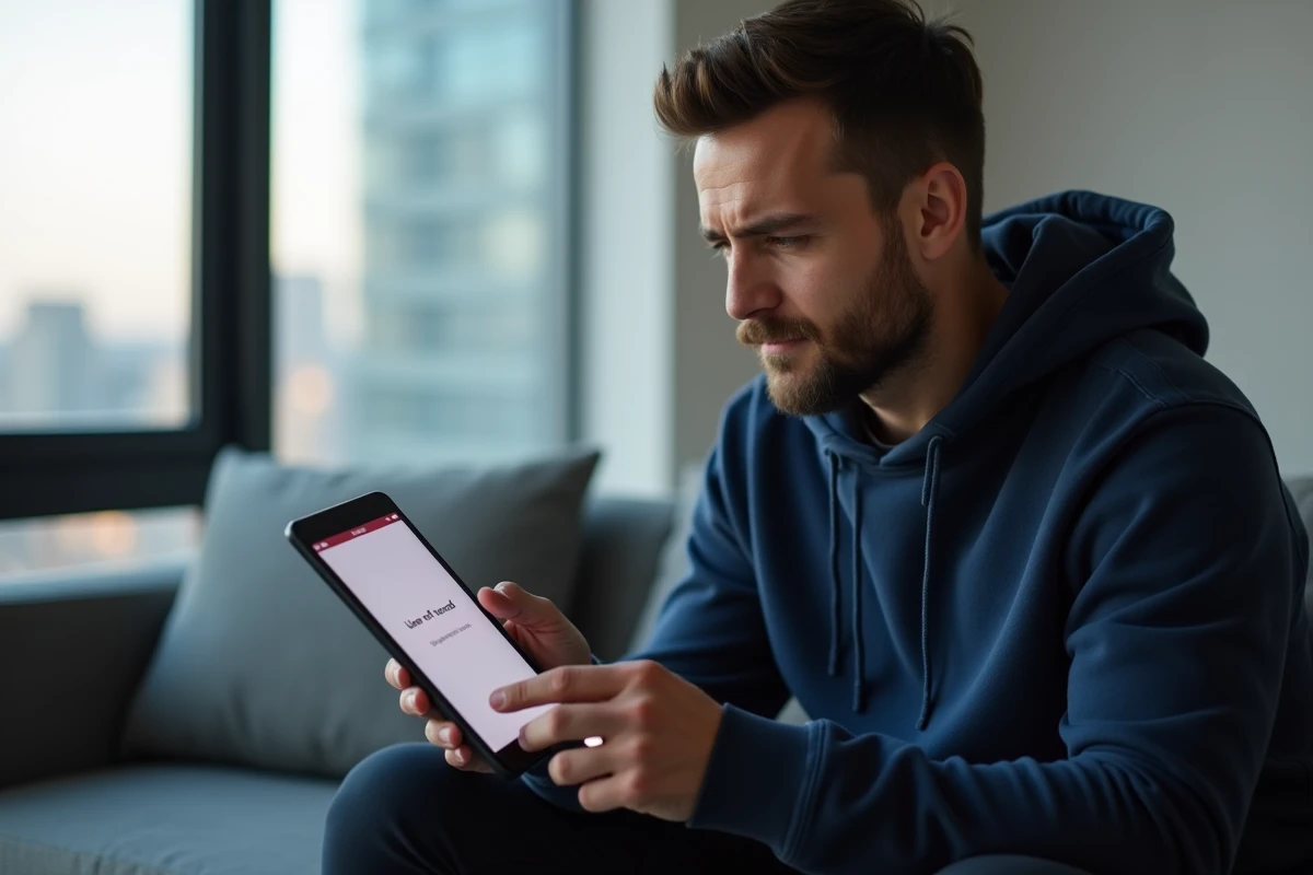 Homme consultatnt une tablette affichant une erreur de profil introuvable sur Instagram dans un appartement moderne