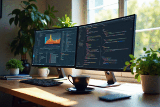 Espace de travail moderne d'un developpeur web avec deux ecrans