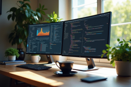 Espace de travail moderne d'un developpeur web avec deux ecrans