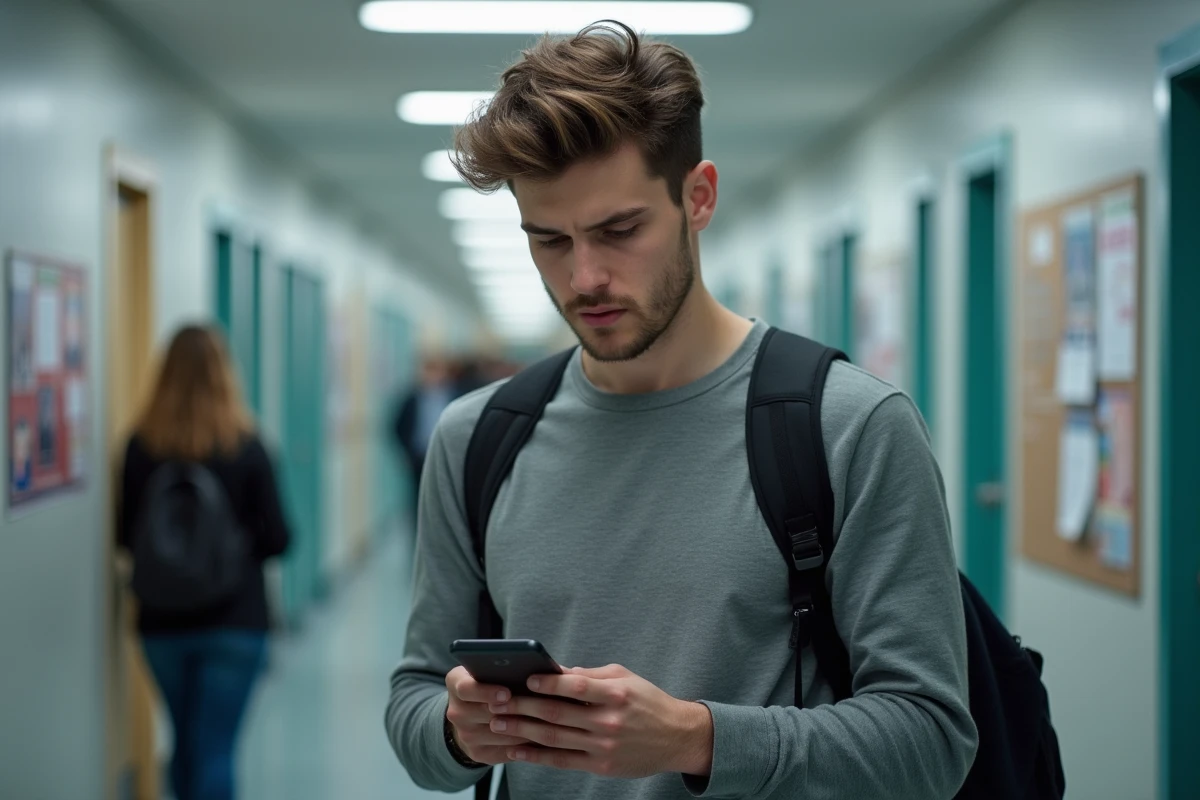 Étudiant consultant ses emails AC Caen sur smartphone dans un couloir universitaire avant la rentrée