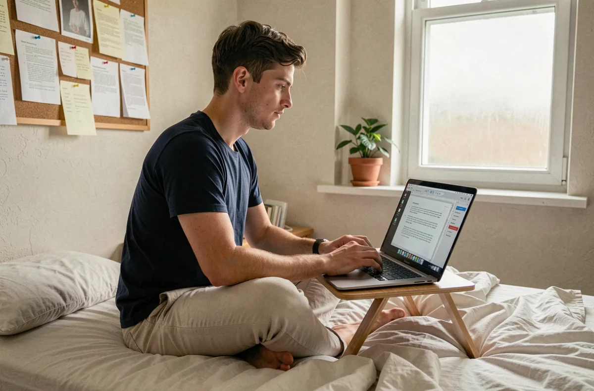 Étudiant travaillant sur un logiciel de traitement de texte gratuit sur Mac dans une chambre universitaire