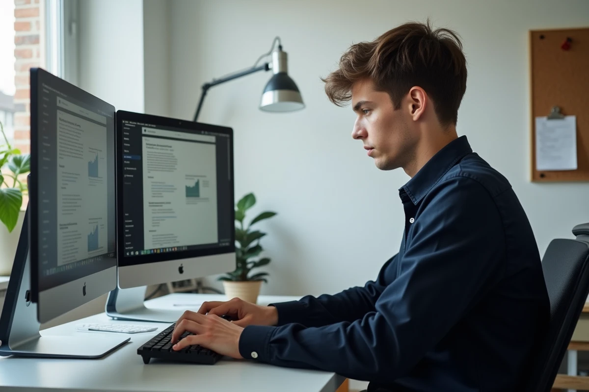 Étudiant comparant deux versions d'un texte reformulé sur un bureau à domicile avec double écran