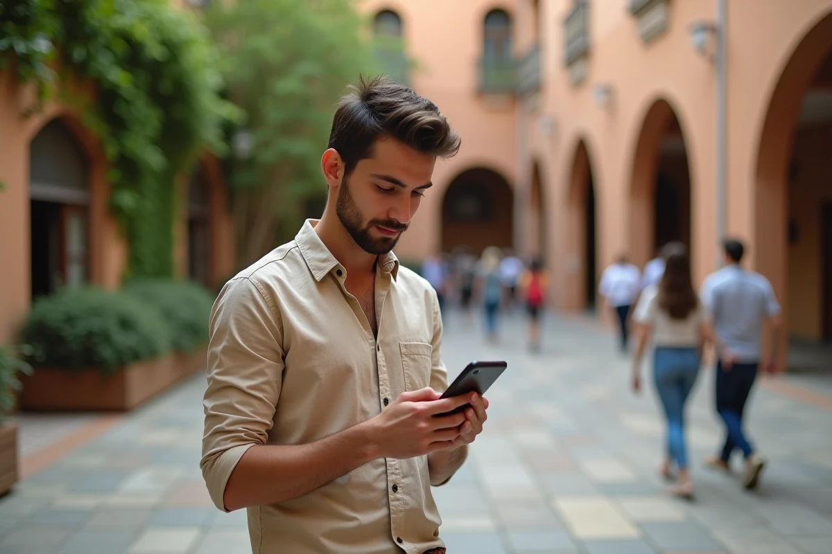 Étudiant consultant son smartphone avec une erreur de synchronisation de la messagerie ac-montpellier sur le campus