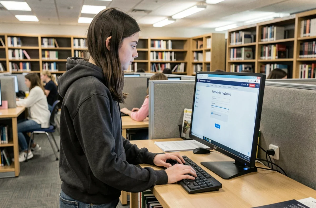Étudiante dans une bibliothèque universitaire tentant de récupérer l'accès à son webmail académique de Montpellier