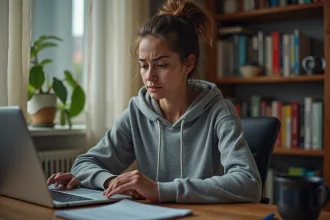 Étudiante frustrée devant un message d'erreur de messagerie académique sur son ordinateur portable