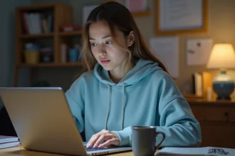 Étudiante consultant sa messagerie universitaire AC Caen sur un ordinateur portable avant la rentrée scolaire