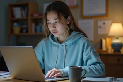 Étudiante consultant sa messagerie universitaire AC Caen sur un ordinateur portable avant la rentrée scolaire