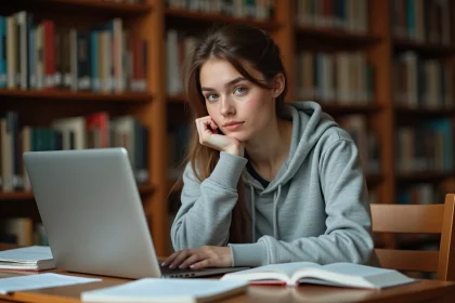 Étudiante utilisant un reformulateur en ligne sur son ordinateur portable dans une bibliothèque universitaire