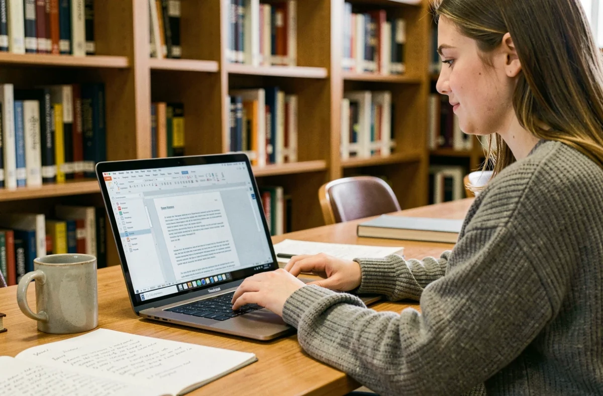 Étudiante utilisant un traitement de texte gratuit sur MacBook dans une bibliothèque universitaire