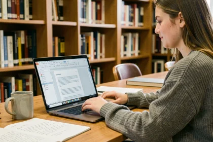 Étudiante utilisant un traitement de texte gratuit sur MacBook dans une bibliothèque universitaire
