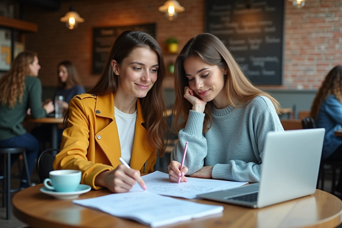 Deux étudiantes collaborant sur un travail universitaire avec un outil de reformulation dans un café