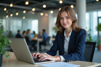 Femme d'affaires en blazer navy au bureau