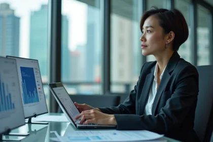 Femme d'affaires moderne avec graphiques AI en arrière-plan