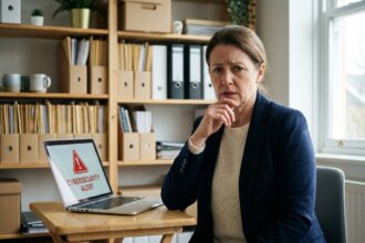 Femme d affaires préoccupée devant un ordinateur avec alerte de sécurité