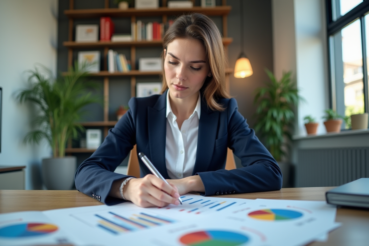 Jeune femme professionnelle analysant des KPI dans un bureau moderne