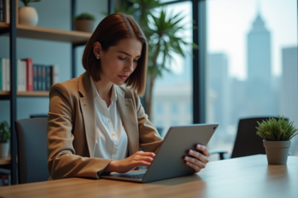 Femme analysant des données marketing sur une tablette dans un bureau moderne